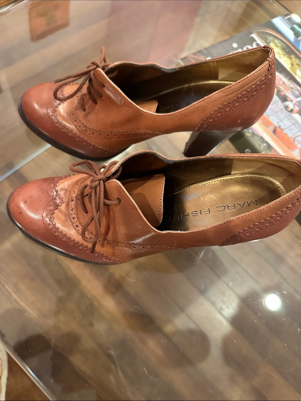 Marc Fisher Tan Leather Lace-Up Wingtip Shoes - Picture 2 of 7